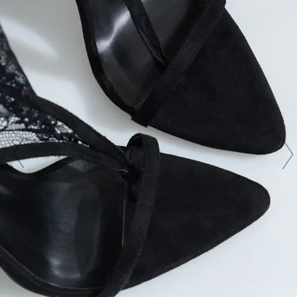 Pretty Little Thing BLACK LACE TOE THONG THIGH HIGH HEELS - Picture 2 of 4